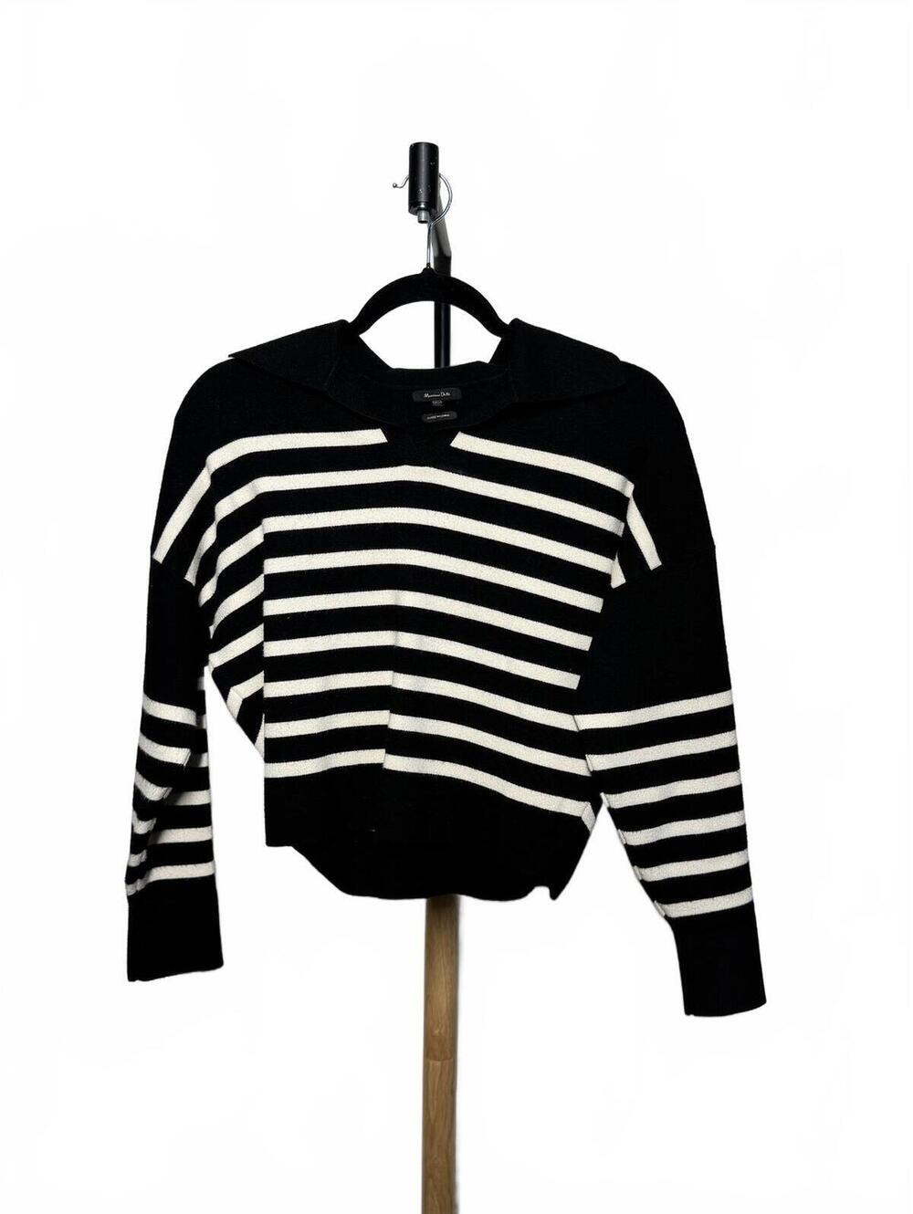 Massimo Dutti Black and Cream Striped Knit Collared Sweater